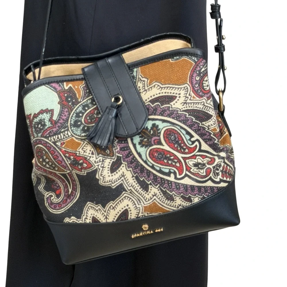 Spartina 449 Daufuskie Island Paisley Crossbody Bucket Bag Tassel Linen Leather